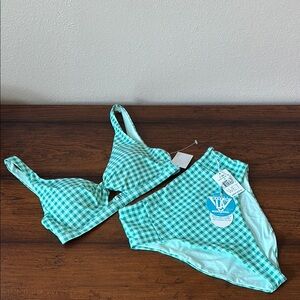 New WET Women‎ Small Jade Gingham Bikini Set High Waist Swimsuit Beach Summer